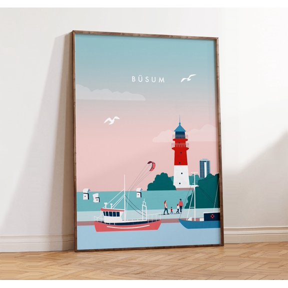 Büsum Poster, Minimalist Wall Art with Lighthouse, Coastal Town Illustration, North Sea Decor, Nautical Gift , Poster Print Only