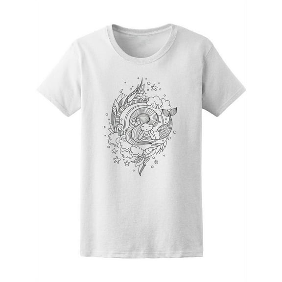B&w Relaxing Cute Mermaid T-Shirt Women -Image by Shutterstock, Female Medium