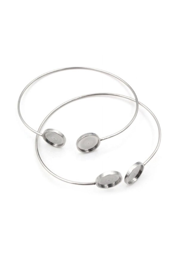 B004 - 2 pcs. 316 Stainless Steel Open Cuff Adjustable Bangle Bezel Bracelet - 2 Settings - 12mm Glue Pad - Flat Bezel