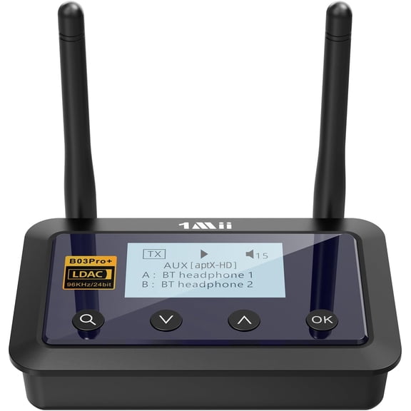 B03Pro+ Bluetooth 5.3 Transmitter Receiver Certified LDAC for TV Home Stereo, Long Range Bluetooth Extender Wireless Audio Adapter with Screen, Optical RCA AUX 3.5mm Outputs/Inputs