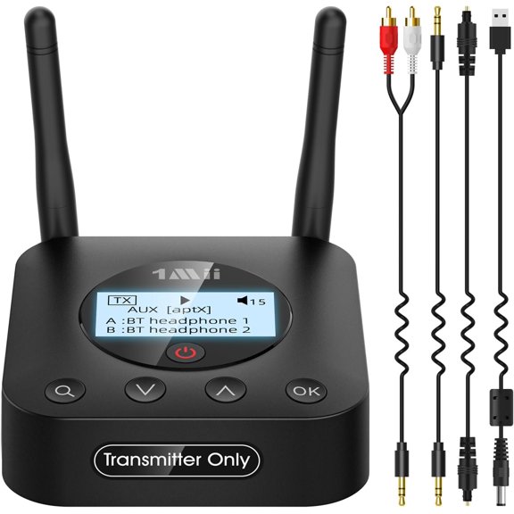 B06TX+ Long Range 5.3 Transmitter for TV/PC/Projector to 2 Headphones/Speakers, Adapter for TV w/Screen Display, Plug n Play, aptX Low Latency & Adaptive & Audio