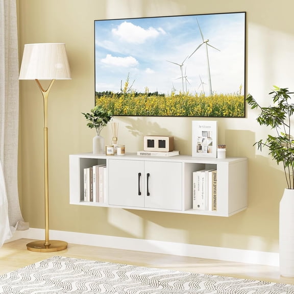 B08J4F8RCZ-z Floating TV Stand, Wall Mounted TV Console Table with Doors, Entertainment Media Center Under TV, Modern TV Cabinet for Living Room, Bedroom, Office, White