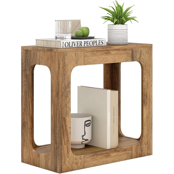 B08J4F8RCZ-z Narrow End Table, Farmhouse Wood Sofa Side Table 2-Tier with Storage Shelf, Arched Rustic Small Accent Tables, Rectangular Compact Night Stand for Living Room, Bedroom, Oak