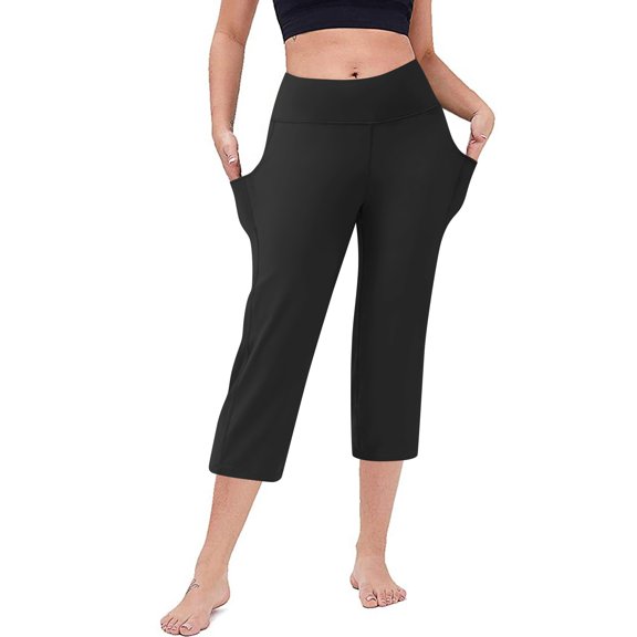 Capri Pants for Women High Waist Workout Yoga Pants with Pockets Tummy Control Leggings Crop Straight Black L