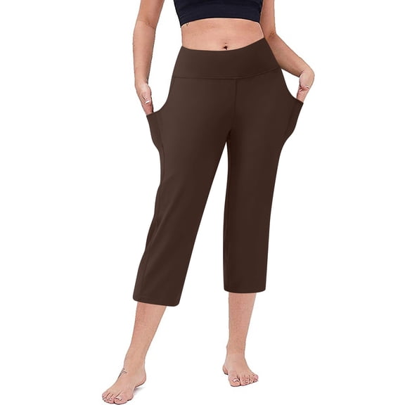 Capri Pants for Women High Waist Workout Yoga Pants with Pockets Tummy Control Leggings Crop Straight Brown M