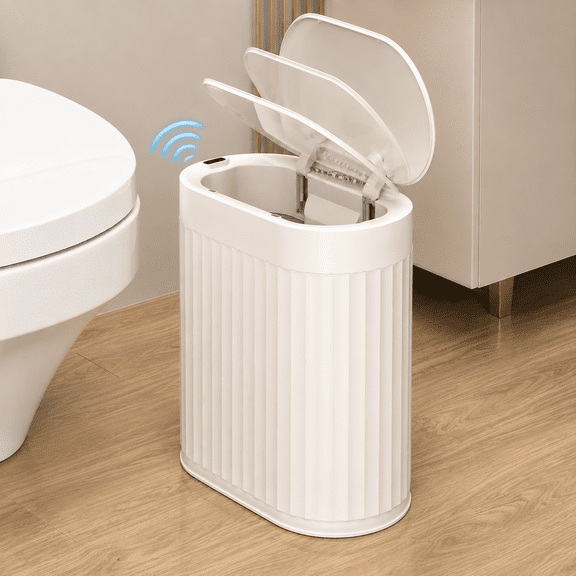 MRBIN 2 Gallon/7L Automatic Touchless Trash Can, Motion Sensor Garbage Bin with Lid Touchless Wastebasket Cream White (for Bathroom, Bedroom, Office)