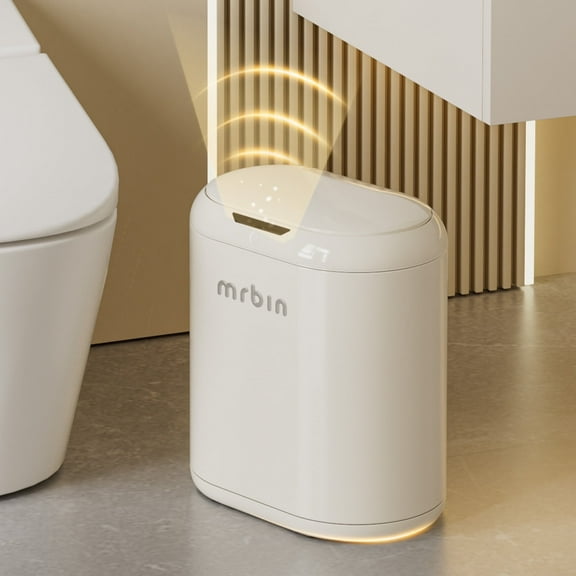 MRBIN Automatic Trash Can for Bathroom, Metal Touchless Garbage Bin with Lid, 3.2 Gallon Small Slim Trash Can for Office and Kitchen, Electric Motion Sensor Bedroom No Touch Bin, Cream White