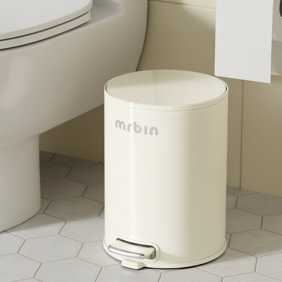 MRBIN Small Metal Bathroom Trash Can with Lid, Step Waste Basket for Bedroom, 6L / 1.6gal Round Garbage Pail Kitchen with Plastic Inner Bucket and Stainless Steel Pedal, White