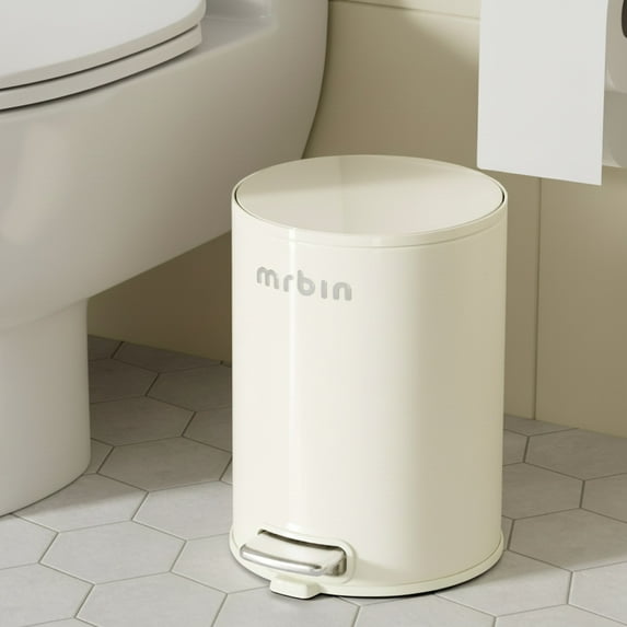MRBIN Small Metal Bathroom Trash Can with Lid, Step Waste Basket for Bedroom, 6L / 1.6gal Round Garbage Pail Kitchen with Plastic Inner Bucket and Stainless Steel Pedal, White