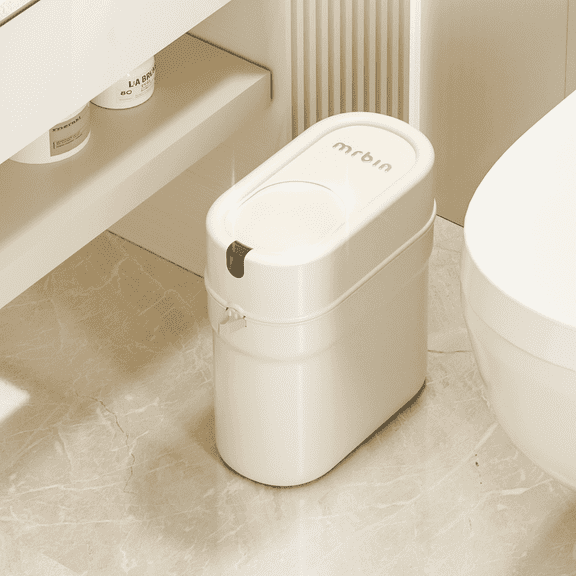 MRBIN Slim Automatic Bathroom Trash Can, 10L/2.6gal Touchless Pull Out Bagging Motion Sensor Waste Basket, Electric Smart Garbage Pail for Narrow Rv, Kitchen, Bedroom, White