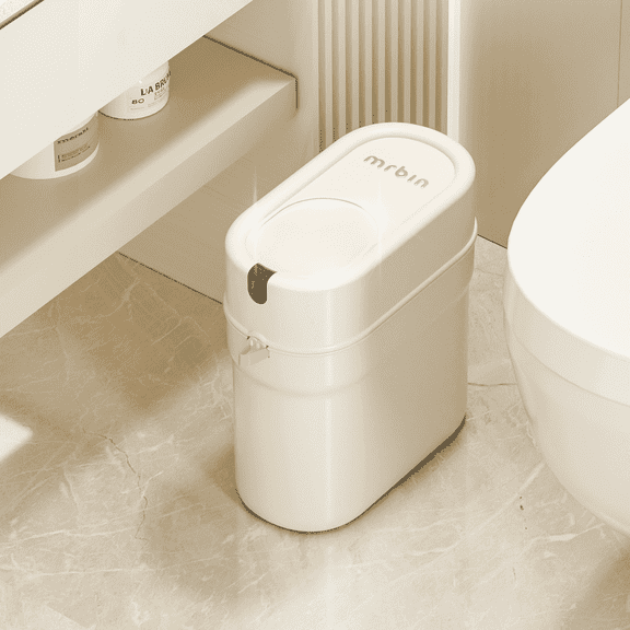 MRBIN Slim Pull Out Automatic Bagging Bathroom Trash Can, 10L/2.6gal Touchless Motion Sensor Waste Basket, Electric Smart Garbage Pail for Narrow Rv, Kitchen, Bedroom, White