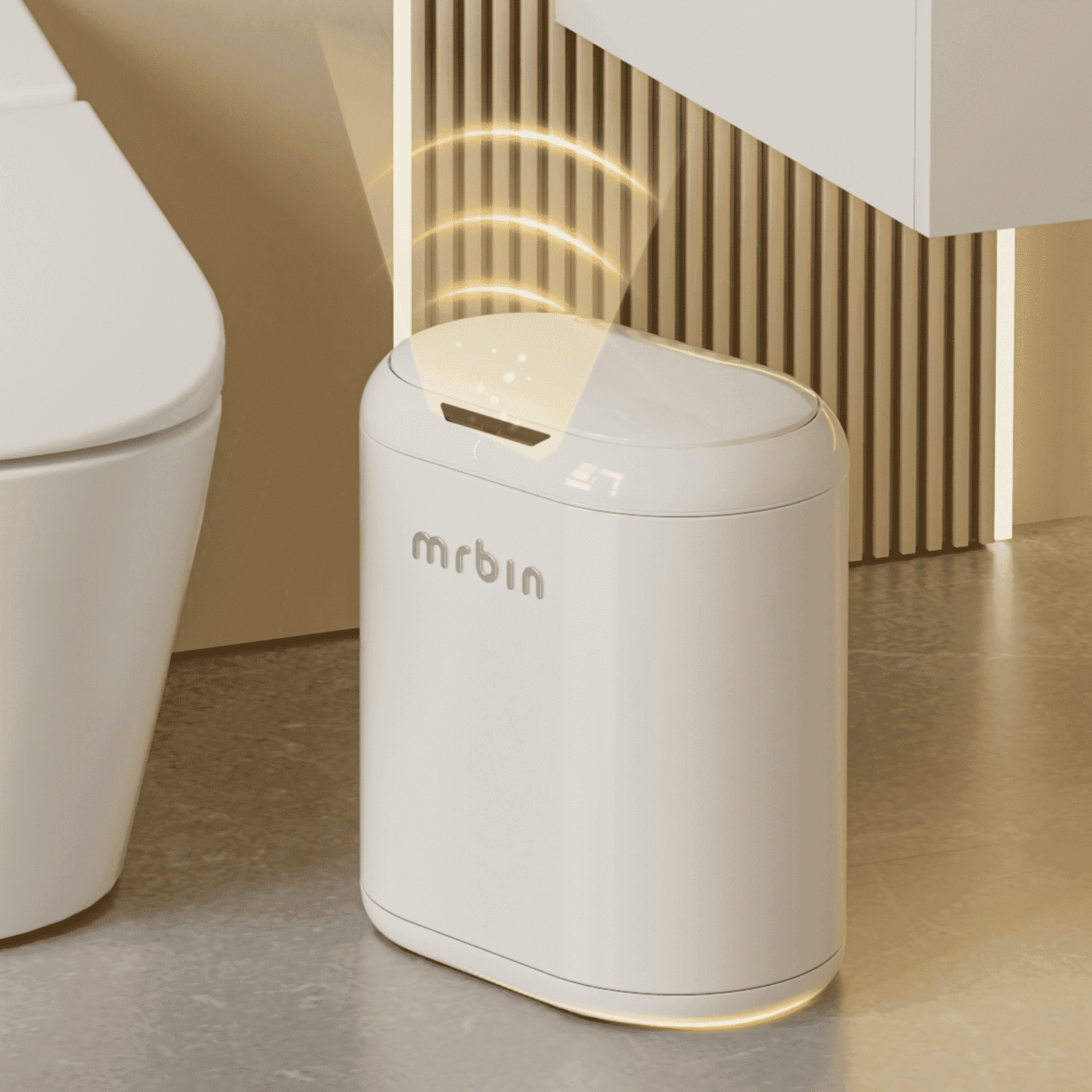 MRBIN Automatic Adsorption Metal Trash Can for Bathroom, Touchless Garbage Bin with Lid, 3.2 Gallon Slim Trash Can for Office and Bedroom, Electric Motion Sensor Waste Basket, Cream White