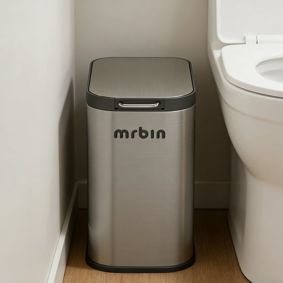 Mrbin Stainless Steel Bathroom Trash Can with Press Top Lid, 9L / 2.4gal Small Slim Metal Toilet Waste Basket for Narrow Bedroom, Kitchen, Vanity, Eclipse-Grey