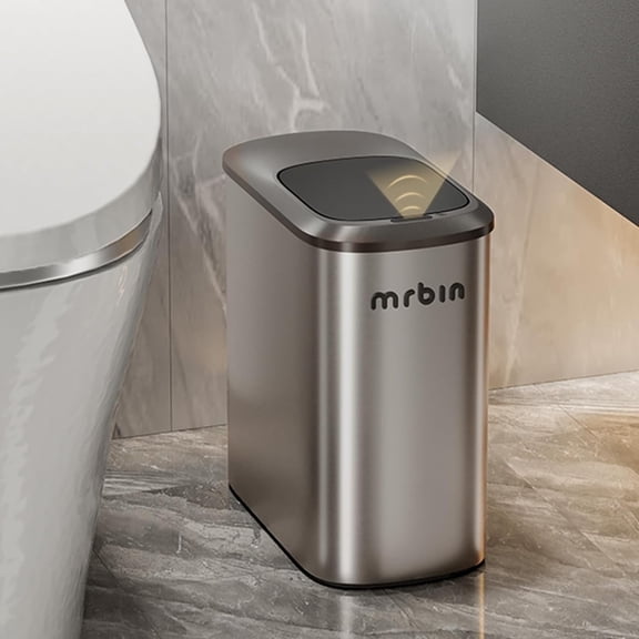 MRBIN Stainless Steel Motion Sensor Trash Can Bathroom, 10L / 2.6gal Slim Garbage Can with Lid Smart Trash Bin, Automatic Garbage Bin Touchless for Restroom, Vanity, Rv, Eclipse Grey