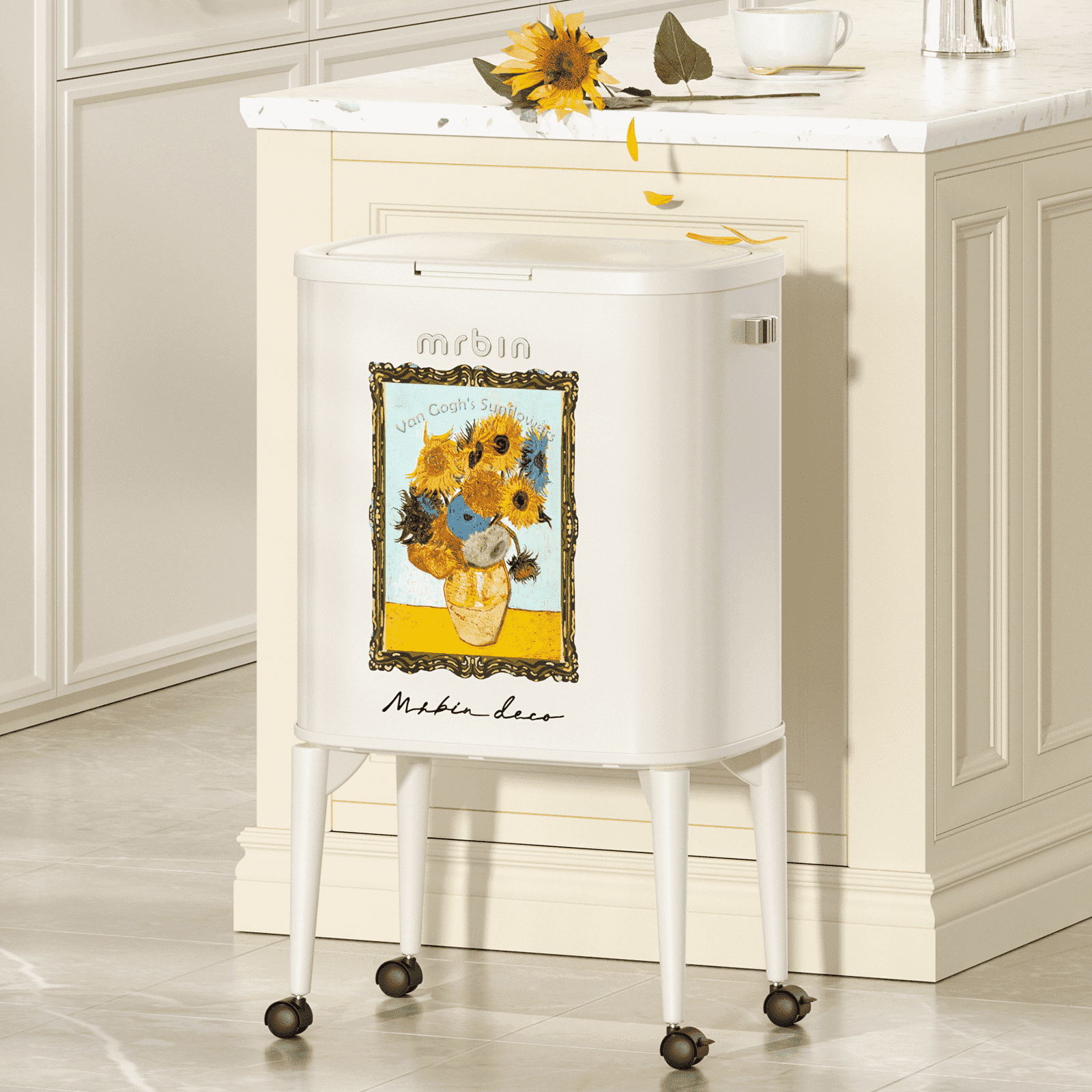 MRBIN Metal Kitchen Trash Can with Wheel Legs, 36L / 9.5gal Medium Press Lid Slim Waste Basket, Pet Proof Tall Narrow Garbage Pail for Vanity, Bedroom, Bathroom, Living Room, Sunflower