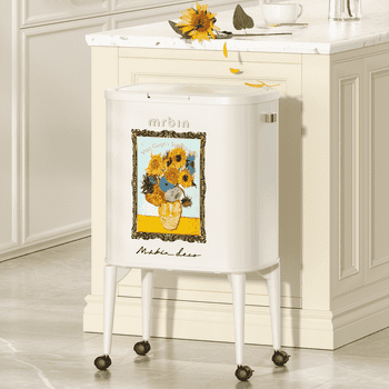 MRBIN Metal Kitchen Trash Can with Wheel Legs, 36L / 9.5gal Medium Press Lid Slim Waste Basket, Pet Proof Tall Narrow Garbage Pail for Vanity, Bedroom, Bathroom, Living Room, Sunflower