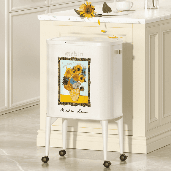 MRBIN Metal Kitchen Trash Can with Wheel Legs, 36L / 9.5gal Medium Press Lid Slim Waste Basket, Pet Proof Tall Narrow Garbage Pail for Vanity, Bedroom, Bathroom, Living Room, Sunflower
