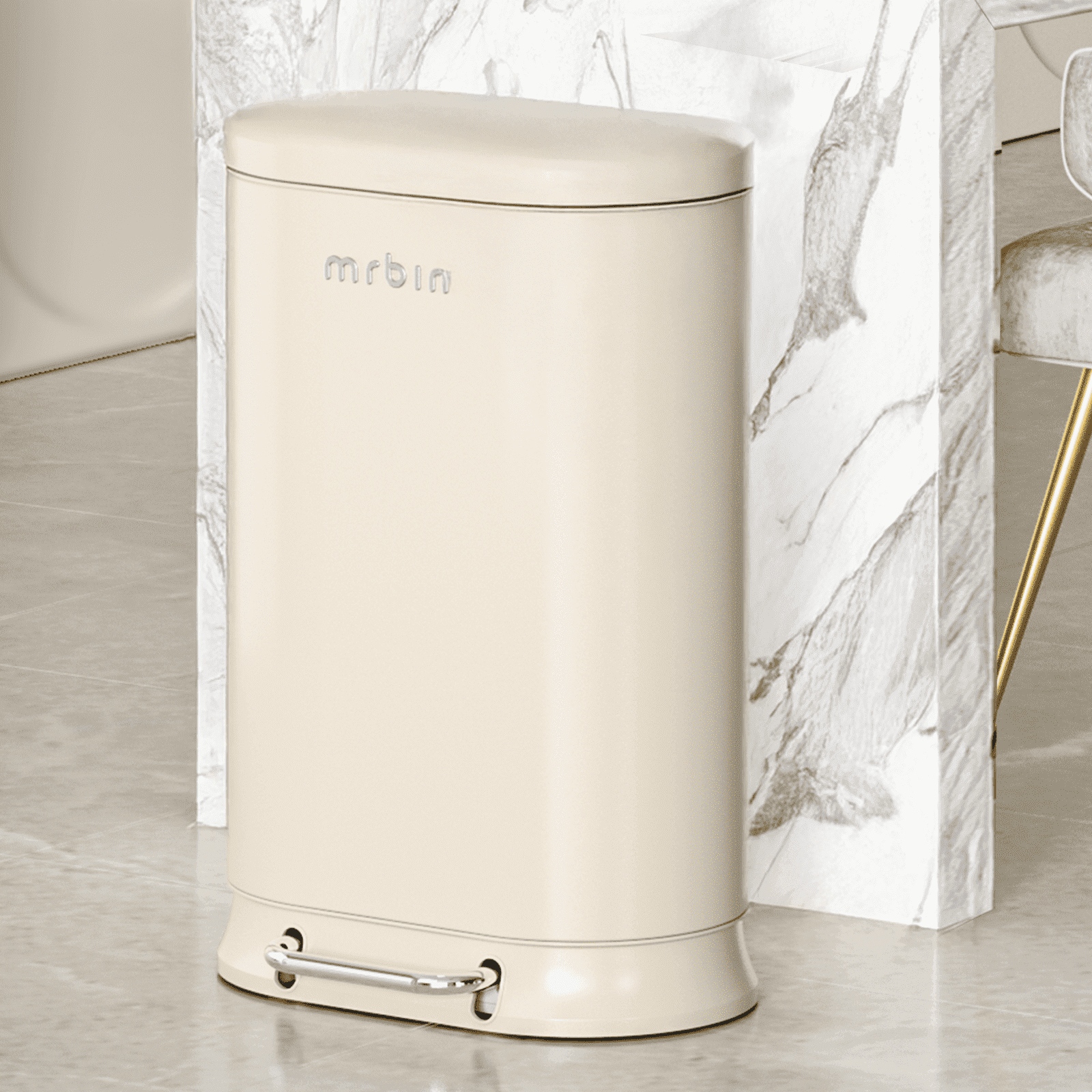 MRBIN Metal Kitchen Trash Can with Lid, 30L / 7.9gal Large Garbage Can, Soft Close Step Trash Bin Garbage Pail with Stainless Steel Foot Pedal, Cream White