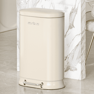 MRBIN Metal Kitchen Trash Can with Lid, 30L / 7.9gal Large Garbage Can, Soft Close Step Trash Bin Garbage Pail with Stainless Steel Foot Pedal, Cream White