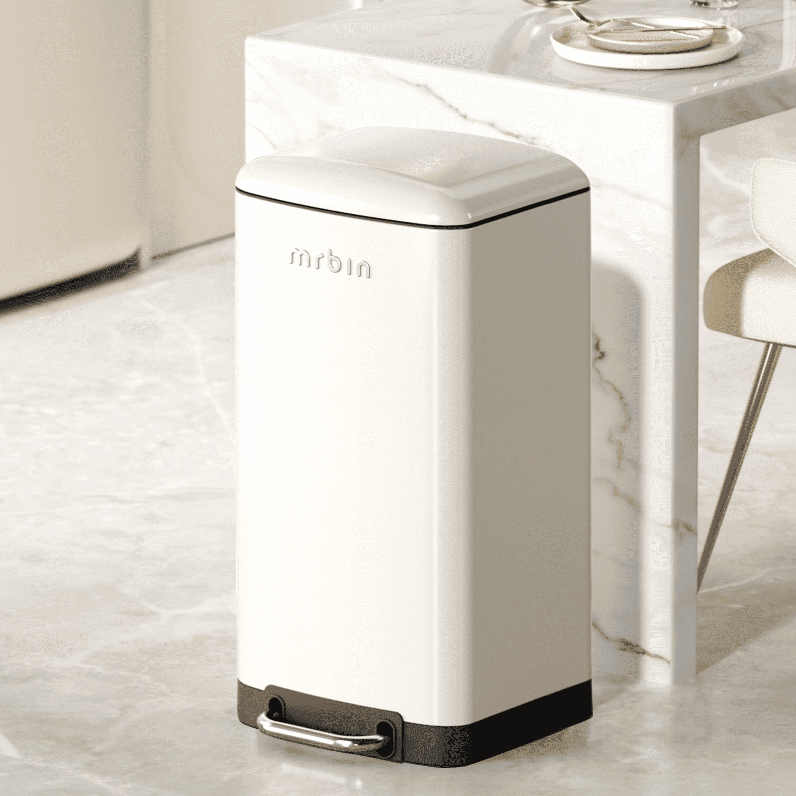 MRBIN Metal Kitchen Trash Can, Commercial Step Office Garbage Bin with Soft Close Lid, 40L / 10.5gal Stainless Steel Foot Pedal Tall Rectangle Waste Basket for Rv, Bathroom Accessories, White
