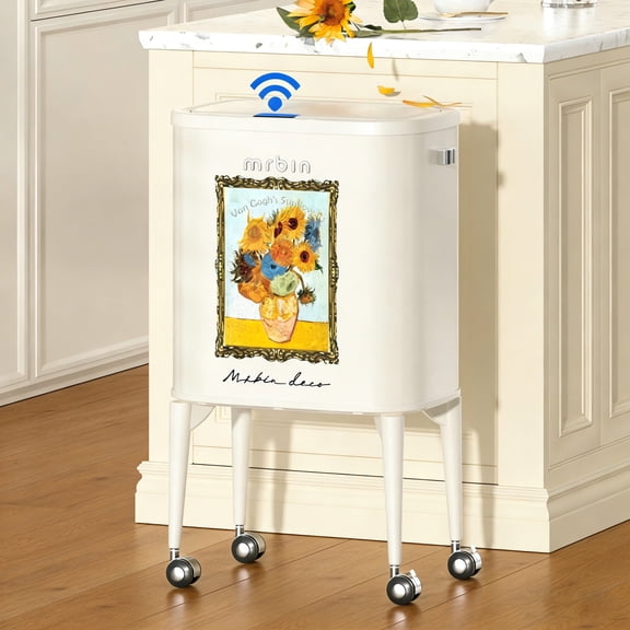 MRBIN Metal Motion Sensor Kitchen Trash Can with Wheel Legs, 36L / 9.5gal Medium Press Lid Slim Waste Basket, Pet Proof Tall Narrow Garbage Pail for Vanity, Bedroom, Bathroom, Living Room, Sunflower