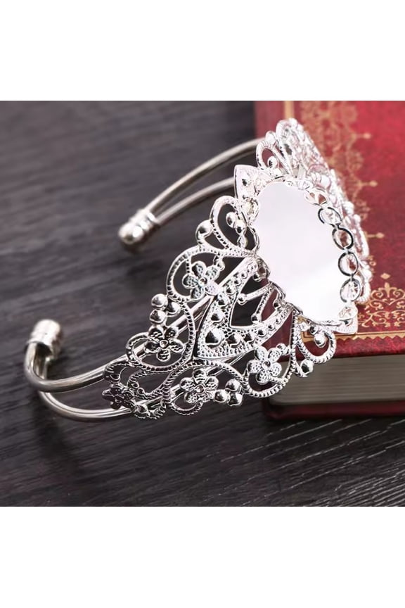 B104 - 1 pc. Silver Plated Open Cuff Bangle Bezel Cabochon Bracelets - 25mm x 18mm Glue Pad - 16.5cm (6.5") - Oval - 25x18mm - 18x25mm