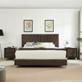 thumbnail image 1 of B108 King bed with two nightstands, Beautiful line stripe cushion headboard , strong wooden slats + metal legs with Electroplate, 1 of 9