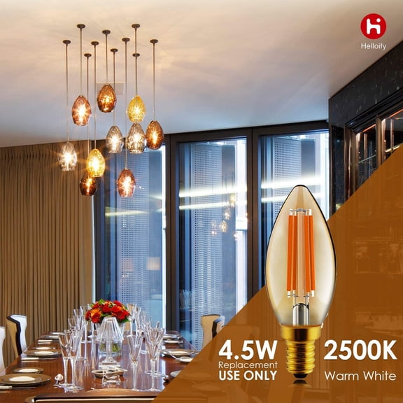 B11 Dimmable Vintage LED Edison Candelabra Bulb, 60W Equivalent, High Brightness, Warm White 2500K, Amber Glass, Candles/Chandelier Style, E12 Screw Base, 12 Pack