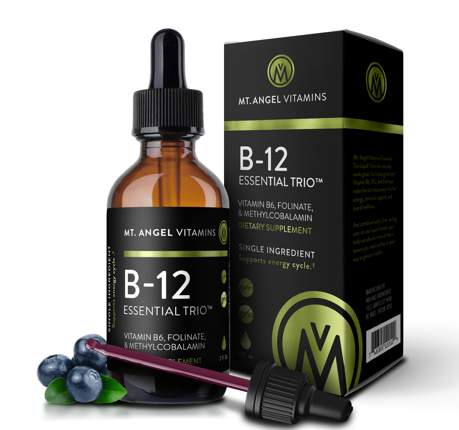 Mt. Angel Vitamins - B12 Essential Trio - Vegan Sublingual Drops with High-Potency Methyl B12, B6 & Folate - Easy Absorption Liquid - Non-GMO, Gluten-Free, Made in USA