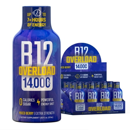 Vitamin Energy B12 Overload Extra Strength Shot, Mixed Berry, 12 Pack – 260mg Natural Caffeine, 14,000% DV B12 & Electrolytes, Zero Sugar, 1.93 fl oz