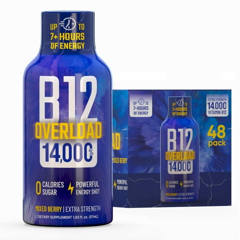 Vitamin Energy B12 Overload Extra Strength Shot, Mixed Berry, 48 Pack 260mg Natural Caffeine, 14,000% DV B12 & Electrolytes, Zero Sugar, 1.93 fl oz