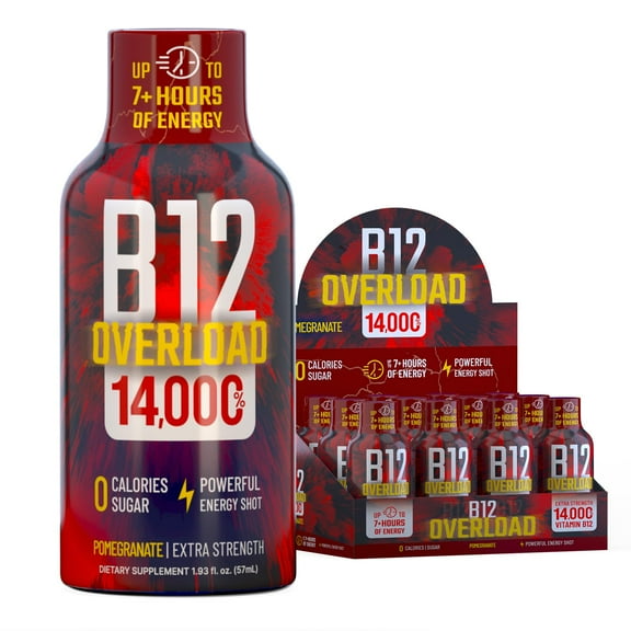 Vitamin Energy B12 Overload Extra Strength Shot, Pomegranate, 12 Pack 260mg Natural Caffeine, 14,000% DV B12 & Electrolytes, Zero Sugar, 1.93 fl oz