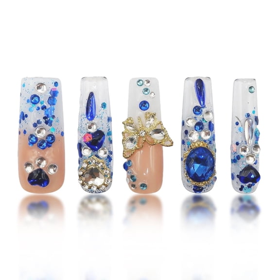 B126 Blue Gem Square Press on Nails | Luxury Crystal & Glitter Acrylic Fake Nails Medium Length Square False Nails for Women, Reusable Glue-on Manicure Set M