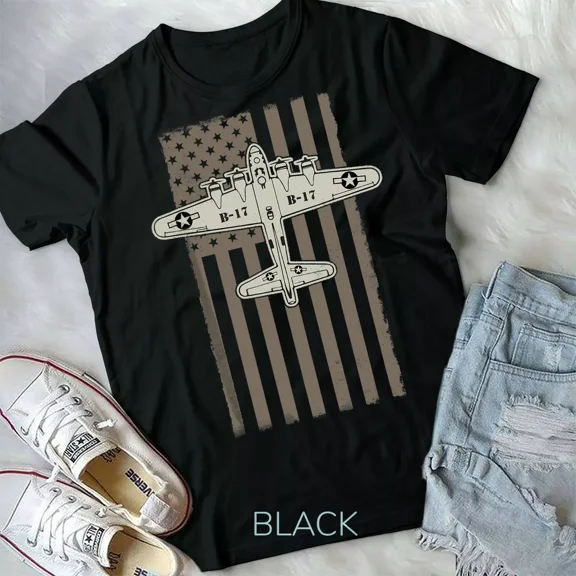 B17 Bomber, WW2 Plane, Aircraft, and USA Flag Veteran Pilot Gift Unisex T-Shirt New V11802