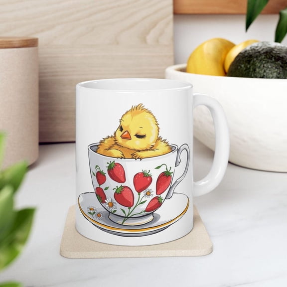 B1aby Chick Ceramic Mug Strawberry Daisy Teacup, Spring Farmhouse DE1cor