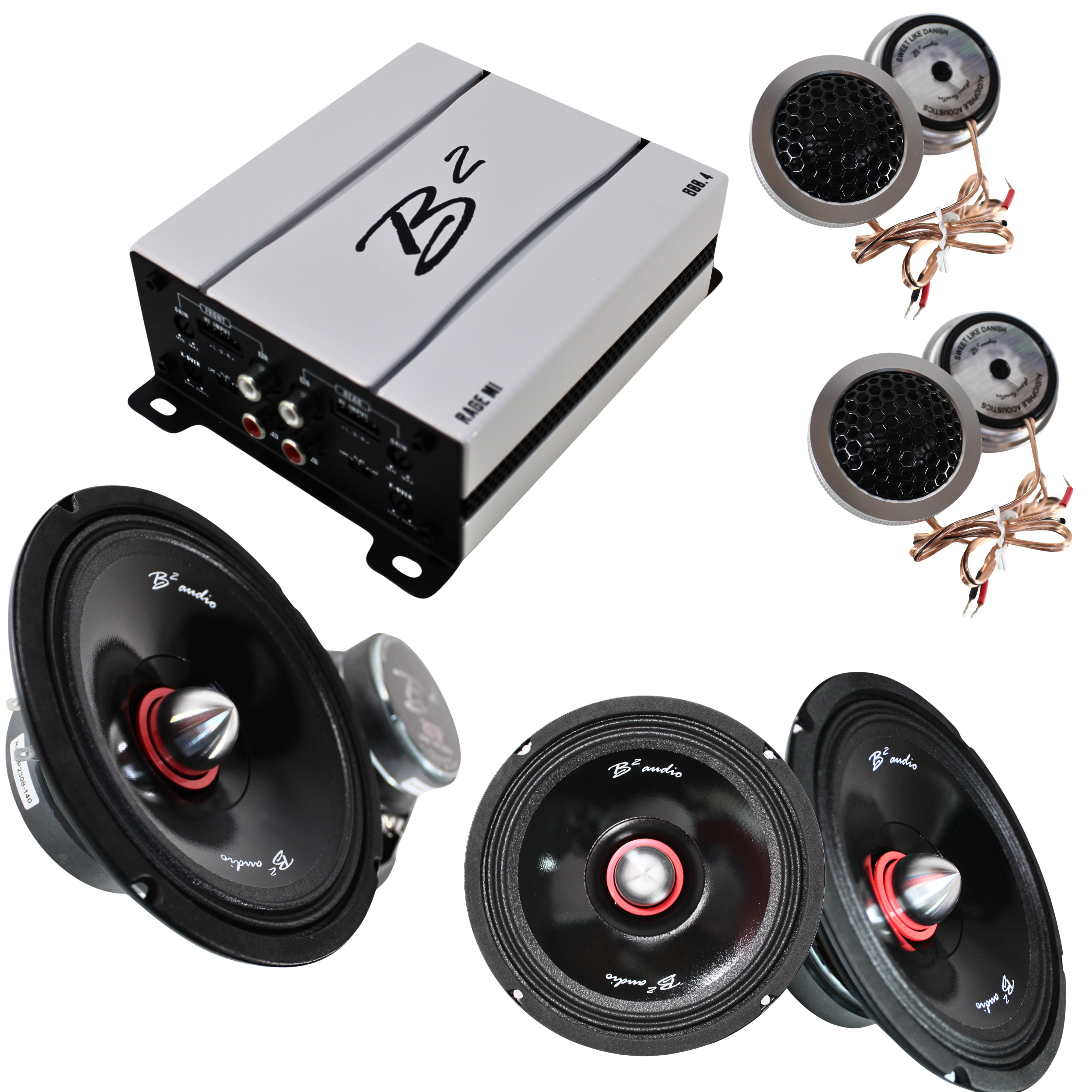 B2 Audio RAGE 4 Channel 800W Amp W/ 2 RIOT8P Sets + MANI 10TW Tweeters ...