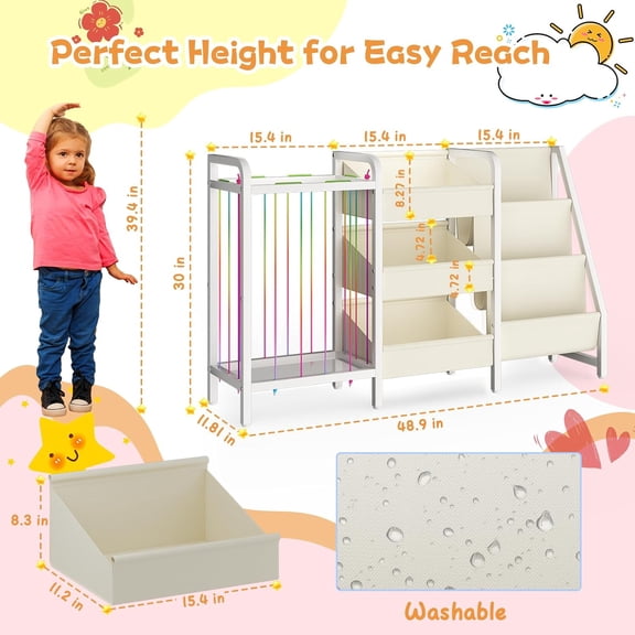 B2 Kids Bookshelf and Toy Storage, 3 Tier Book Shelf for Kids Rooms, Sling Toddler Bookshelf with Stuffed Animal Storage, Montessori Baby Bookcase for Nursery, Bedroom, Playroom, White