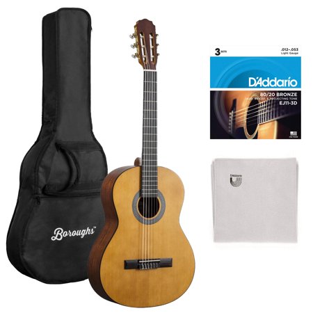Boroughs B20CNT Classical Guitar, Natural, Bundle with 3-Pack Strings, Micro-Fiber Cloth and Gig Bag