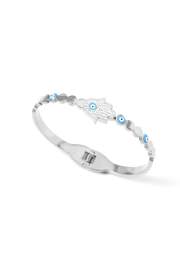 B26: Titanium Stainless Steel  Fatima Hamsa Hand Evil Eye Bangle Bracelet，colour Not Fade, Waterproof，Bottom Opening