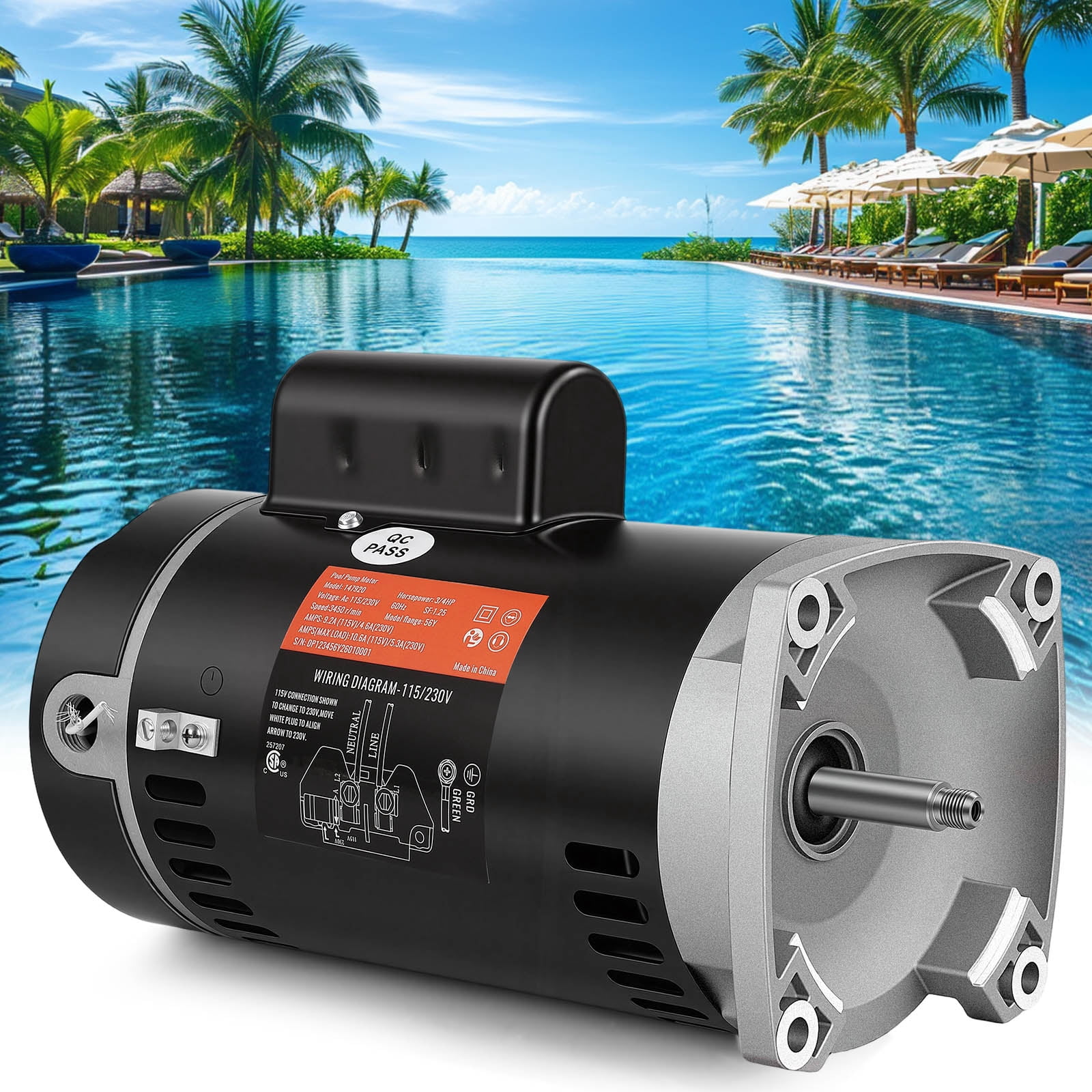 B2852 Pool Pump Motor - Swimming Pool Pump Motor, 3450 RPM, 3/4 HP, 115/230V, 56Y Frame, 303 Stainless Steel Shaft, Replacement Motor for Outdoor/Indoor Swimming Pool