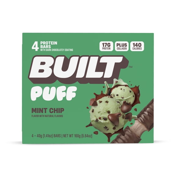 BUILT Bar, Puff Protein Bar, Mint Chip, 17g Protein, Collagen, 140 Calories, 4 Count Box, 1.41 oz Bars