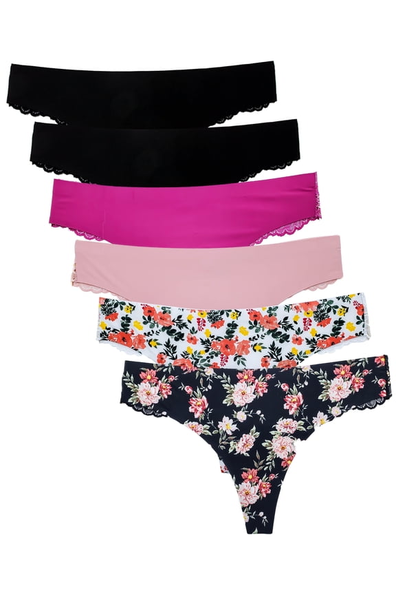 Women's Lace Back Floral Thong Panties Multi-Pack Seamless No Show Underwear Small to Plus Sizes