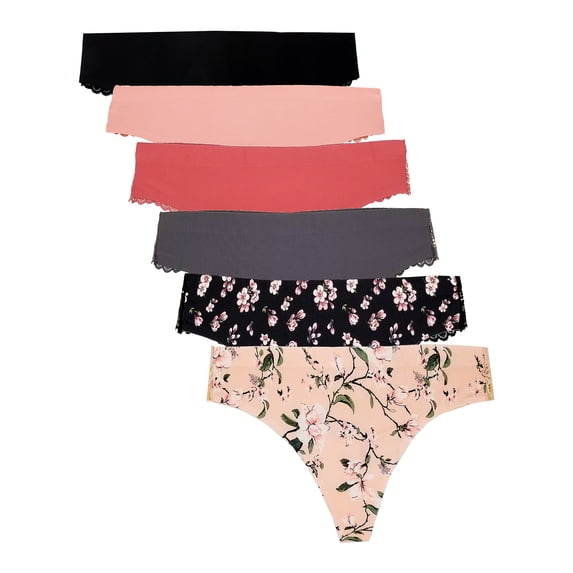 B2BODY Women's Floral Lace Back Thong Underwear Seamless No Show Underwear Small to Plus Sizes