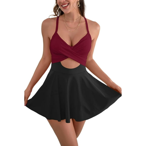 B2prity Women Cutout One Piece Skirt Swimsuit V Neck Wrap Tie Back Swimdress Tummy Control Bathing Suits
