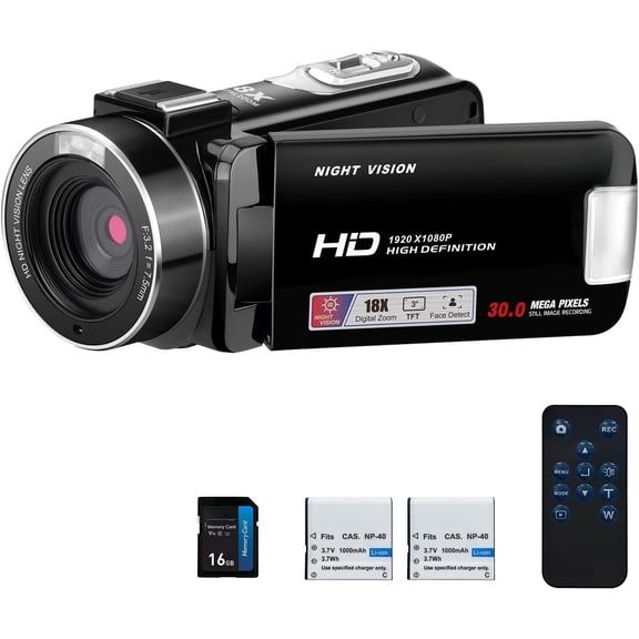 B320 1080P 30FPS Video Camera Recorder, 30MP 18X Digital Zoom Camcorder, YouTube Vlogging Camera Night Vision, 3.0 Inch Flip Screen, 2 , Remote Control (Black)