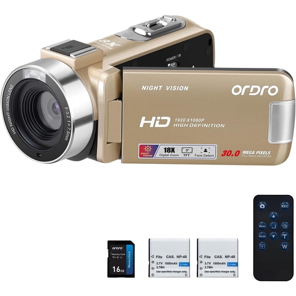 B320 1080P 30FPS Video Camera Recorder, Full HD 30MP 18X Digital Camcorder, YouTube Vlogging Camera Infrared Night Vision, 3.0 Inch Flip Screen, 2 Batteries, Remote Control (Gold)