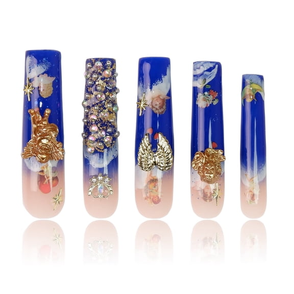 B332 Blue Angel Press on Nails | Sky Blue Ombré NailsLong Coffin Shape Glitter False Nails Party & Wedding Manicure Set M