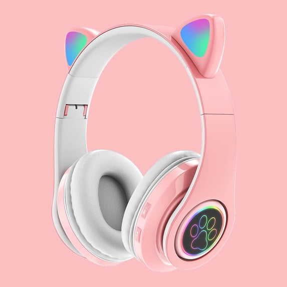 B39 Cat Ear Bluetooth Headset - Cute LED Light, Wireless Headphones for Kids, Bluetooth 5.0 + MP3, Noise Cancelling, Foldable - Pink