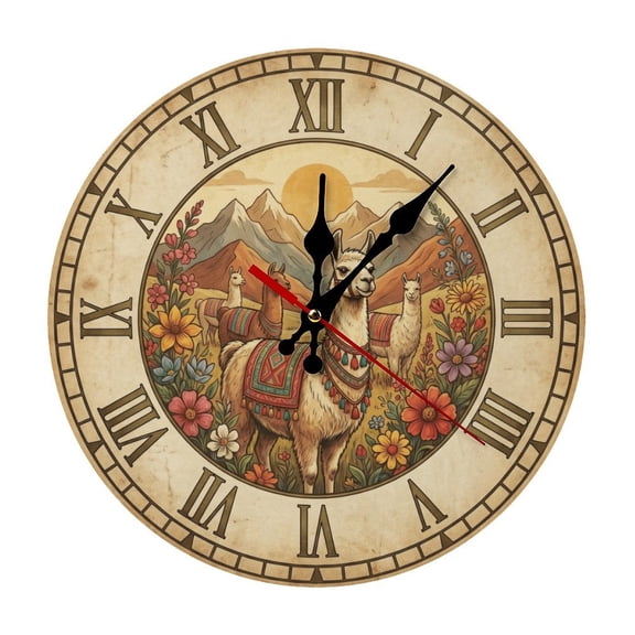 B42 Vintage Llama Mountain 5mm Thick Solid Wood Wall Clock, Quiet Quartz Movement Easy Install Hanging Clock