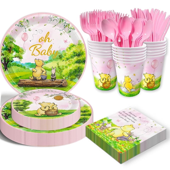 B4b3e 175pcs Vintage Winnie Bear Baby Shower Pooh Pink Birthday Party Supplies Tableware Set (25 Guest) With Paper Plates Cups Napkins Cutlery for Girls Newborn Birthday Party Decoration Y101